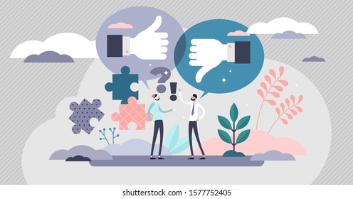 Constructive criticism vector illustration. Opinion discussion in flat tiny persons concept. Symbolic like or dislike suggestion for correct rating and judgement. Positive or negative client reaction.