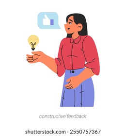 Manejo constructivo del Comentarios, habilidades suaves para el trabajo, los negocios y la vida. Vector aislado personaje plano de dibujos animados compartiendo idea o consejo. Lidiar con el juicio o la crítica en el trabajo. Rasgos personales