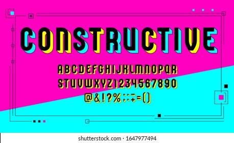 Constructive font, trendy 3d alphabet sans serif, modern condensed letters and numbers, vector illustration for prints, posters, flyers, banners, invitations and more, vector illustration