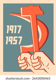 A Constructivist-style book featuring bold, geometric hands gripping the hammer and sickle,symbolizing Soviet industrial and agricultural unity through revolutionary design