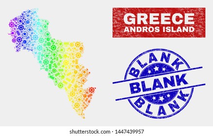 Constructor Andros Island of Greece map and blue Blank grunge stamp. Spectral gradient vector Andros Island of Greece map mosaic of workshop parts. Blue round Blank stamp.
