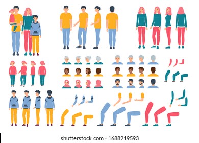 Constructor Animation Kit Family Set Creation Kit With Parents, Children And Grandparents Characters Cartoon Vector Illustration. Body Gesture Hairstyle European People Animation Constructor Set.