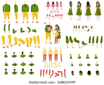 Constructor Animation Kit Family Set Creation Kit With Parents, Children And Grandparents Characters Cartoon Vector Illustration. Body Gesture Hairstyle European People Animation Constructor Set.