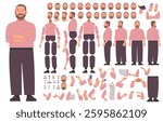 Constructor of big bearded man character. Businessman or office worker. Heavy guy. Set of hands legs body and head positions for creating animation and your own illustrations. DIY kit. Vector