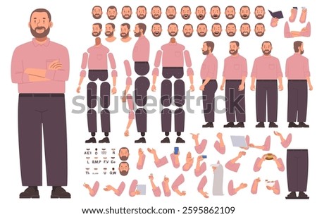 Constructor of big bearded man character. Businessman or office worker. Heavy guy. Set of hands legs body and head positions for creating animation and your own illustrations. DIY kit. Vector