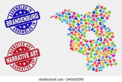 Constructor Brandenburg Land map and blue Assembled seal stamp, and Narrative Art grunge seal stamp. Colorful vector Brandenburg Land map mosaic of plug-in items. Red rounded Narrative Art seal.