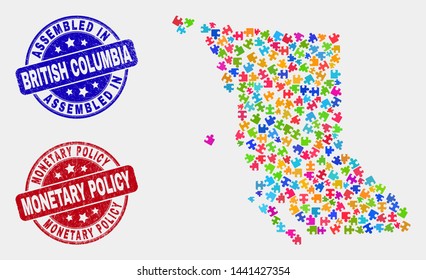 Constructor British Columbia map and blue Assembled seal stamp, and Monetary Policy grunge stamp. Colored vector British Columbia map mosaic of puzzle components. Red rounded Monetary Policy stamp.