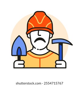 Constructor builder or mine worker icon in line art. Construction man in working helmets with dig and pickaxe.