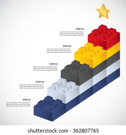 Constructor building bricks with gold star and text options - 5 steps to success - Vector infographic template