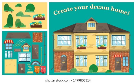 Constructor for building a dream house. A set of elements to create a cozy home. Walls, windows, doors, roof, plants and other components for construction. Vector collection