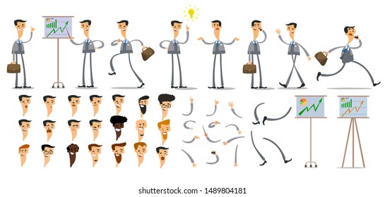 Constructor. businessman in various poses and in different emotions, runs, calls by phone, gives a presentation.Funny vector illustration in a flat style 