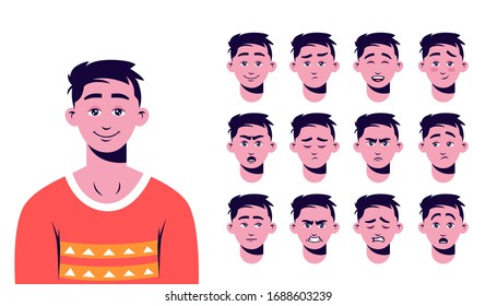 Constructor of cartoon male character with different face emotions isolated on white background. Colored casual man person with collection of various facial expression vector graphic illustration