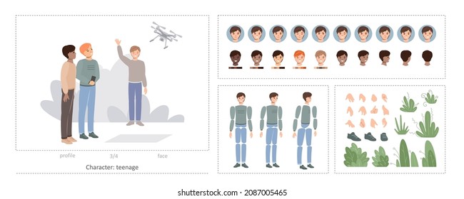 Constructor or character creation kit - boy. A set for creating a character in front, profile  with types of faces, hair color, emotions, body parts, gestures. Active teenage boy. Vector.