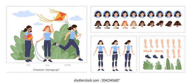 Constructor or character creation kit - girl. A set for creating a character in front, profile  with types of faces, hair color, emotions, body parts, gestures. Flat cartoon vector.