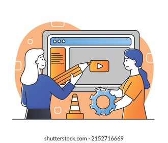 Compañeros constructores en el lugar de trabajo. Niñas creando sitio web para compañía u organización. Mundo digital y tecnologías modernas. Programadores y apoyo técnico. Dibujo vectorial plano de dibujos animados