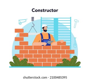 Constructor concept. House and road building process. Workers using constructing tools and materials, bricklayer, concrete maker, carpenter. City area development. Flat vector illustration