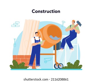 Constructor concept. House and road building process. Workers using constructing tools and materials, bricklayer, concrete maker, carpenter. City area development. Flat vector illustration