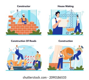 Constructor Concept Set. House And Road Building Process. Workers Using Constructing Tools And Materials, Bricklayer, Concrete Maker, Carpenter. City Area Development. Flat Vector Illustration