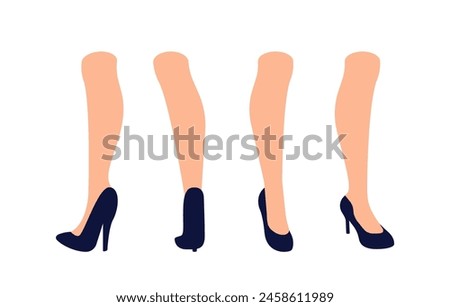 Constructor to create character. Pairs of women's legs in different styles of blue high heels. Feet and leg poses for character movement. Vector illustrations isolated on white background