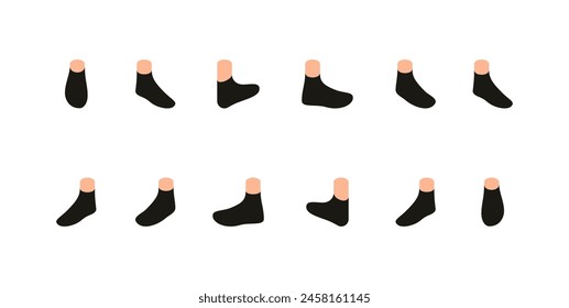 Constructor to create character. Series of feet displaying various positions for movement of character. Multiple pairs of black socks in rows, set of vector illustrations isolated on white background