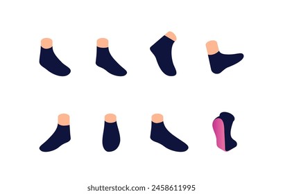 Constructor para crear un personaje femenino. Conjunto de partes separadas del cuerpo, pies, varios calcetines para el movimiento de los personajes. Concepto de diversidad de vestimenta. Ilustración vectorial aislada sobre un fondo blanco