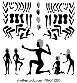 Constructor to create a variety of poses. Silhouette young fit sexy girl. Flat vector customizable doll with separate joints.