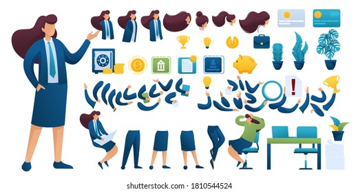 Constructor for creating a Businesswoman. Create your own Businesswoman character with a Set of hands and feet. Flat 2D vector illustration N11
