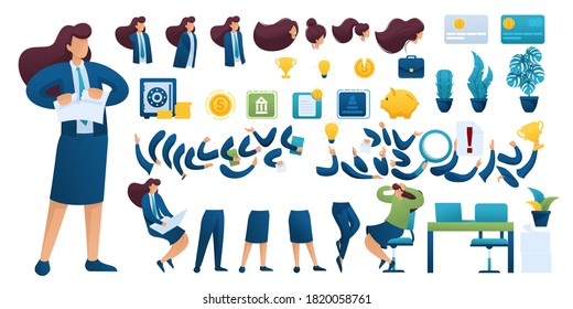 Constructor for creating a Businesswoman. Create your own Businesswoman character with a Set of hands and feet. Flat 2D vector illustration N10.