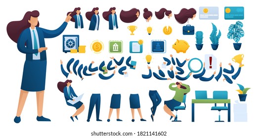 Constructor for creating a Businesswoman. Create your own Businesswoman character with a Set of hands and feet. Flat 2D vector illustration N6.