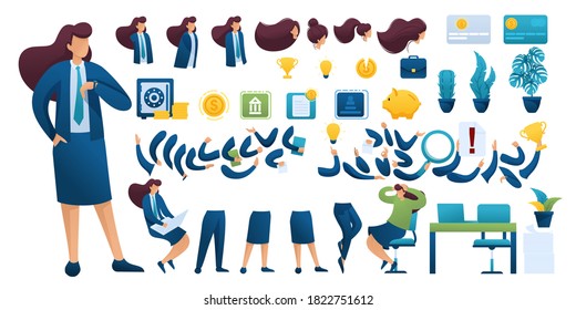 Constructor for creating a Businesswoman. Create your own Businesswoman character with a Set of hands and feet. Flat 2D vector illustration N7