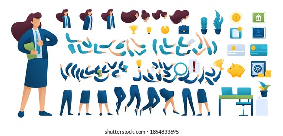 Constructor for creating a Businesswoman. Create your own Businessman character with a Set of hands and feet. Flat 2D characters.