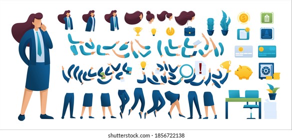 Constructor for creating a Businesswoman. Create your own Businessman character with a Set of hands and feet. Flat 2D characters.