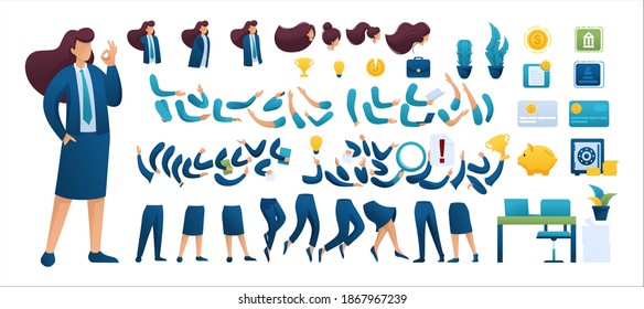 Constructor for creating a Businesswoman N7. Create your own Businessman character with a Set of hands and feet. Flat 2D characters.