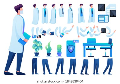 Constructor for creating a doctor. Create your own doctor character with a Set of hands and feet. Flat 2D vector illustration.