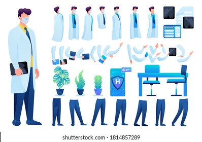 Constructor for creating a doctor N 2. Create your own doctor character with a Set of hands and feet. Flat 2D vector illustration.