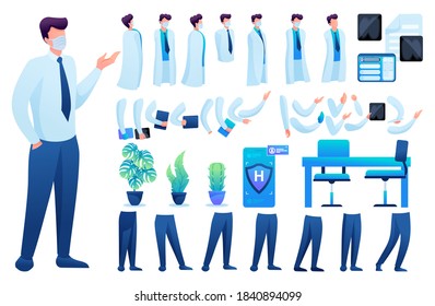 Constructor for creating a doctor N 6. Create your own doctor character with a Set of hands and feet. Flat 2D vector illustration