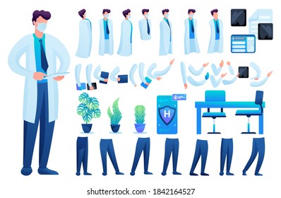 Constructor for creating a doctor N 7. Create your own doctor character with a Set of hands and feet. Flat 2D vector illustration