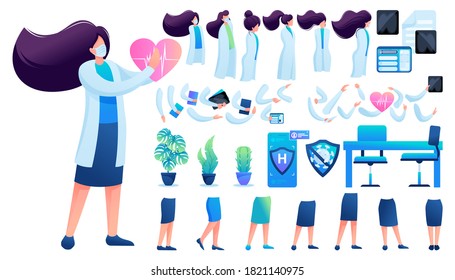 Constructor for creating a doctor women. Create your own character with a Set of hands and feet. Flat 2D vector illustration.