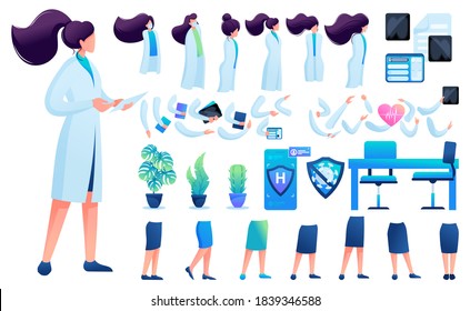 Constructor for creating a doctor women. Create your own character with a Set of hands and feet. Flat 2D vector illustration N1.