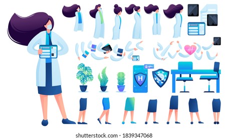 Constructor for creating a doctor women. Create your own character with a Set of hands and feet. Flat 2D vector illustration N10.
