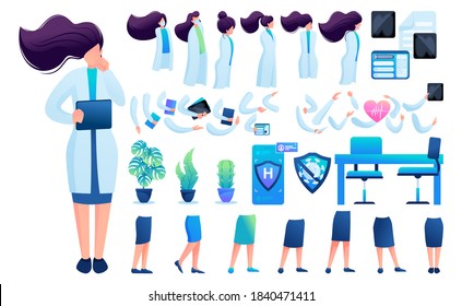 Constructor for creating a doctor women. Create your own character with a Set of hands and feet. Flat 2D vector illustration N5.