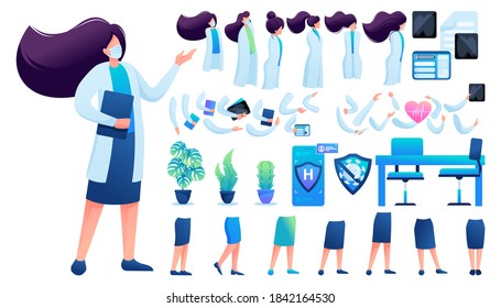 Constructor for creating a doctor women. Create your own character with a Set of hands and feet. Flat 2D vector illustration N4