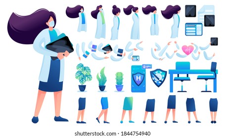 Constructor for creating a doctor women. Create your own character with a Set of hands and feet. Flat 2D vector illustration N8.