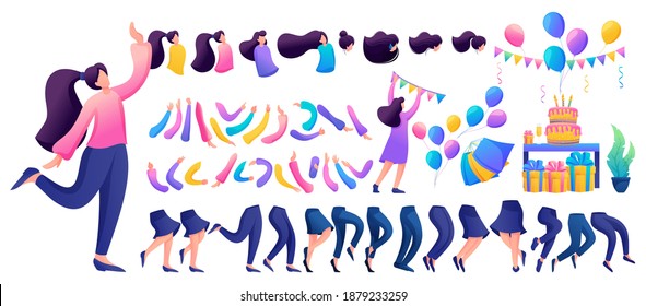 Constructor for creating a fun teen girl. Create your own character with a set of hands and feet. Flat 2D characters N3.