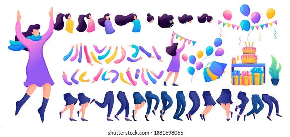Constructor for creating a fun teen girl. Create your own character with a set of hands and feet. Flat 2D characters N8.