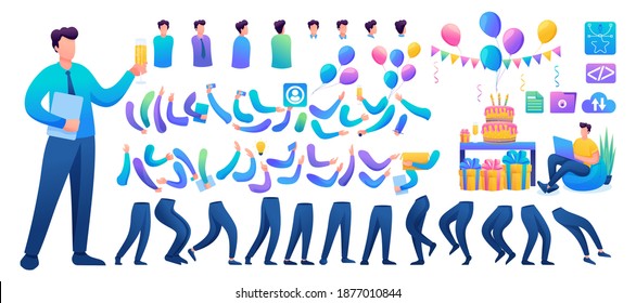 Constructor for creating a fun teen Man. Create your own character with a Set of hands and feet. Flat 2D characters N10.