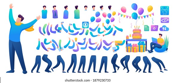 Constructor for creating a fun teen Man. Create your own character with a Set of hands and feet. Flat 2D characters N9.
