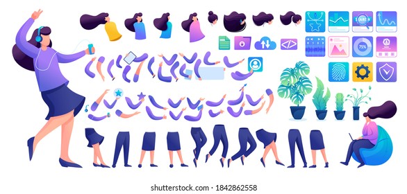 Constructor for creating a Young Girl. Create your own character with a Set of hands and feet. Flat 2D characters.