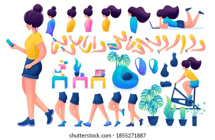 Constructor for creating a Young Girl. Create your own beautiful girl character with a Set of hands and feet. Flat 2D vector illustration.