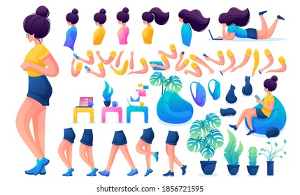 Constructor for creating a Young Girl. Create your own beautiful girl character with a Set of hands and feet. Flat 2D vector illustration.
